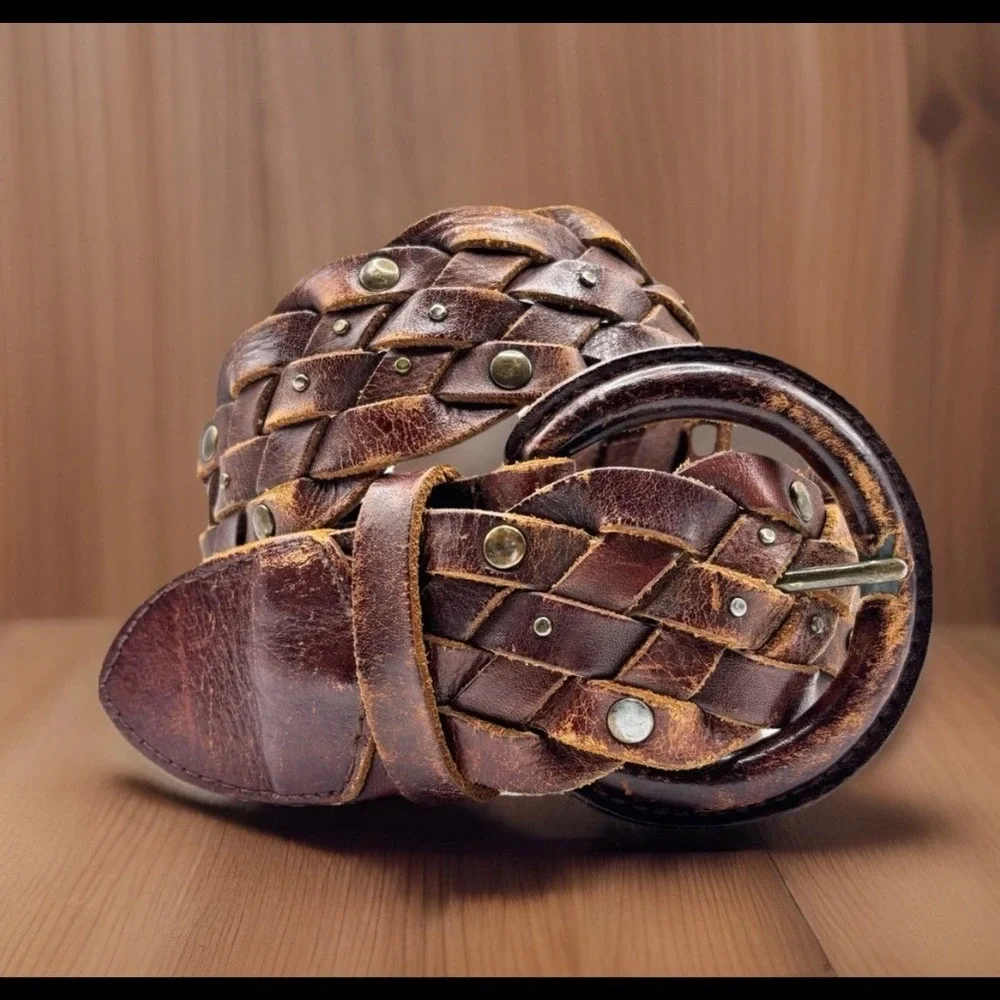 Vintage Wide Braided Brown Leather Studded Belt Round Buckle Mahogany 1.75in OS